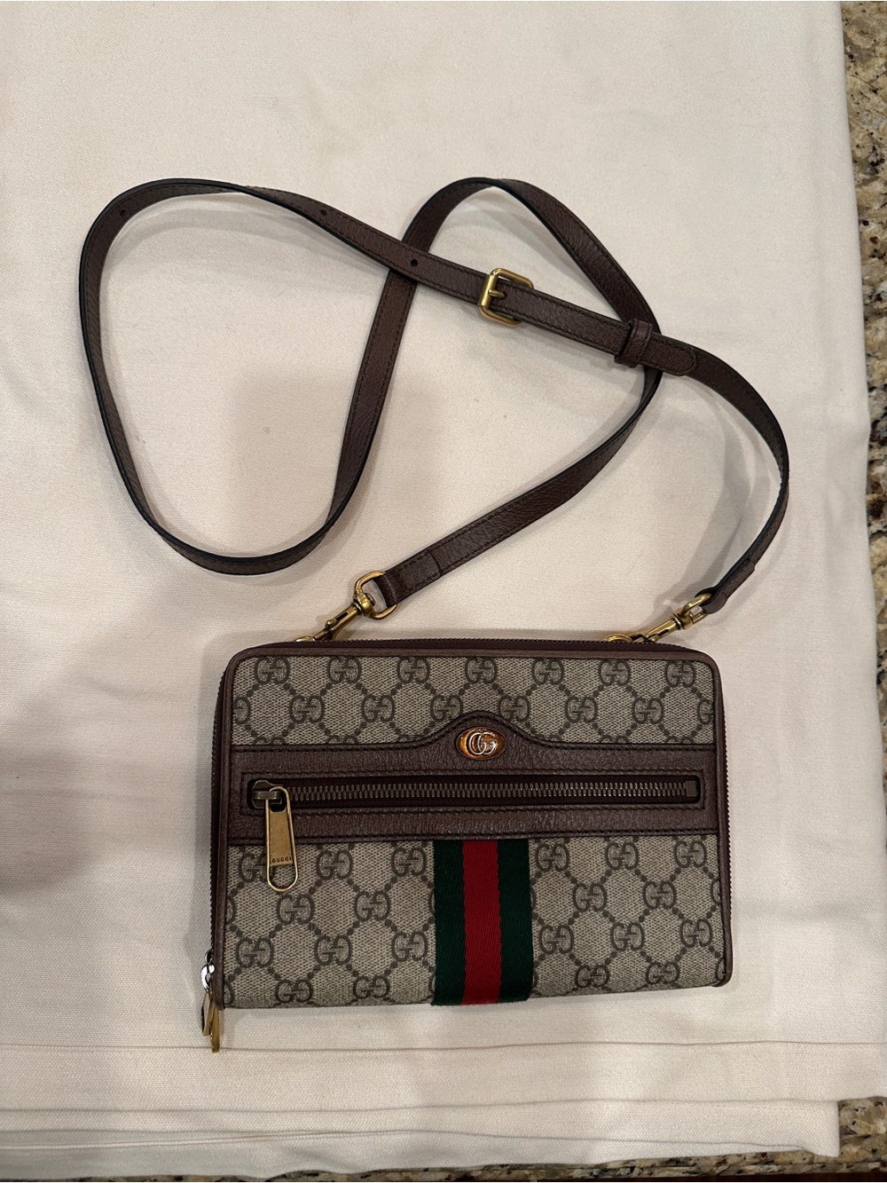 Gucci Brown GG Supreme Canvas Crossbody with Green and Red Stripe